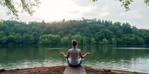 Person meditating in a peaceful forest by the water.