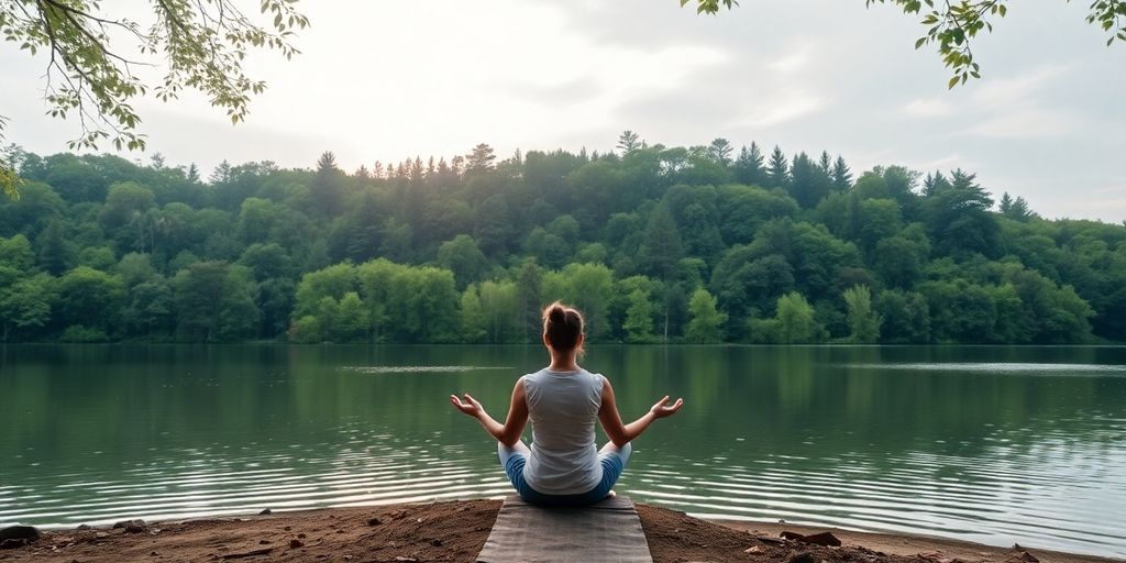 Person meditating in a peaceful forest by the water.