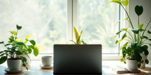 A peaceful workspace with plants and a laptop.