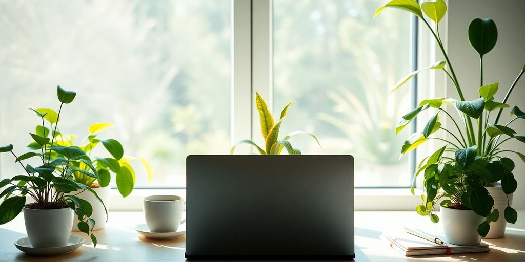A peaceful workspace with plants and a laptop.