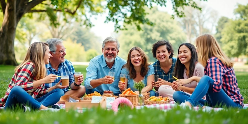 Group of friends enjoying a picnic in a sunny park.