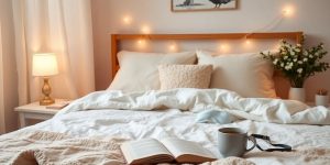 Cozy bedroom scene promoting relaxation and restful sleep.
