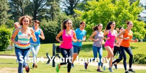 Group of beginners exercising outdoors in a sunny park.