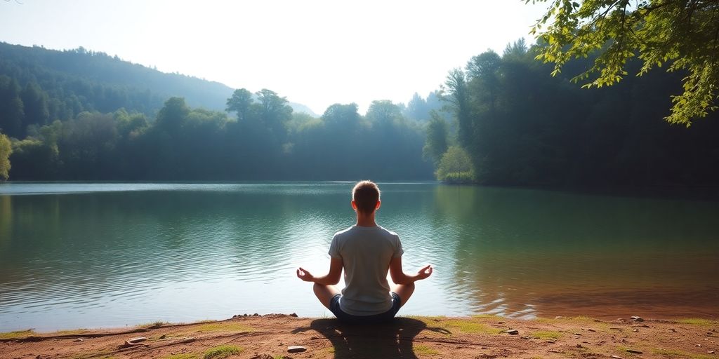Person meditating by a tranquil lake in nature.