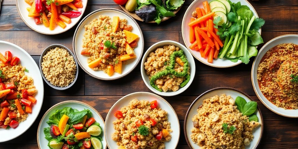 Colorful healthy meals arranged beautifully on a wooden table.