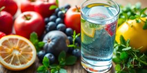 A glass of water with fruits and herbs on a table.
